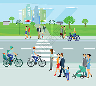 有步行者和骑自行车者的城市图片