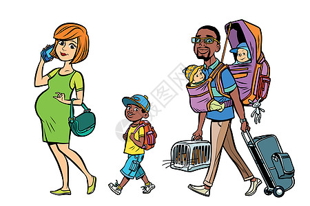 多民族家庭旅行者妈妈爸爸和孩子背包艺术工具父亲飞机场行李旅游仓鼠漫画车站图片
