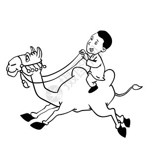 一个男孩骑骆驼的插图卡通-矢量手绘图片