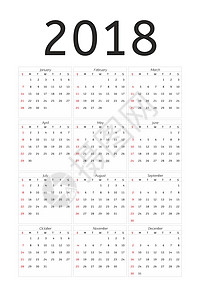 日历 2018 年简单样式 每周从周日开始日记办公室插图时间规划师卡片英语数字商业日程图片