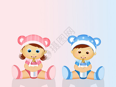 带有婴儿瓶子的婴儿插图派对男性蓝色女孩奶瓶迎婴新生牛奶双胞胎图片