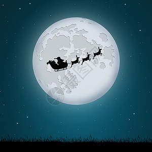 圣诞老人雪橇明信片牛角问候语月亮月光蓝色插图礼物驯鹿庆典图片