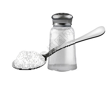 逼真的 3d 盐瓶和盐勺 孤立在白色背景上 装香料的玻璃罐 烹饪概念的配料 矢量图图片
