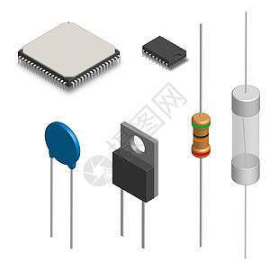 3D 矢量图中的一组不同的电子元件电气贴片处理器真实感塑料控制切换器微电路电压金属图片