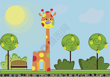 矢量图的可爱卡通搞笑长颈鹿走在 t动物孩子们宝宝卡通片天气插图夹子乐趣喜悦快乐图片
