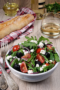 沙拉自助希腊沙拉加阿鲁古拉肉汁饮食营养地沙拉时间小吃食物变化午餐纤维素背景