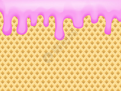 甜粉红色液体 酸奶花或奶油在华夫饼背景上 矢量插图图片