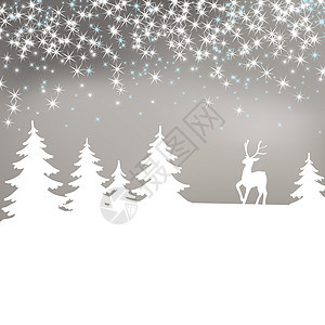 圣诞节背景 冬季风景与鹿 白仙林灰色野生动物荒野白色森林驯鹿乐趣星星艺术插图图片