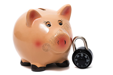 装着锁的可爱小猪银行陶瓷粉色数字金融白色安全现金尾巴制品商业图片