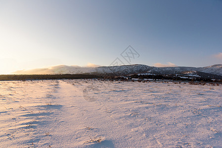 冬天去森林的路 日落的地貌 雪覆盖了田野图片