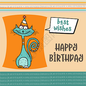 生日快乐卡 有搞笑的面条猫喜悦庆典卡通片乐趣周年宠物动物邀请函公告剪贴簿图片