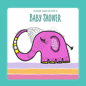 带有有趣涂鸦大象的婴儿送礼会卡模板孩子插图派对喜悦问候语淋浴剪贴簿庆典卡通片邀请函图片