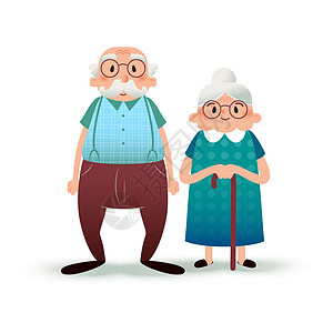 快乐的老年情侣卡通 范妮平凡人物 老人和老太太 白色背景的简单插图幸福甘蔗丈夫家庭公寓眼镜婚礼乐趣爷爷退休图片