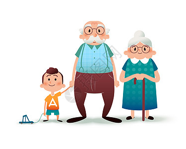 有趣的卡通家庭 快乐的爷爷奶奶和孙子 爷爷和小男孩手牵着手 幸福的家庭观念 卡通平面插画图片