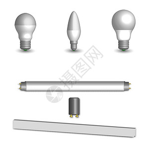 在 3D 矢量图中设置不同的 LED 和荧光灯泡电气日光绘画照明插图经济起动机管子节能活力图片