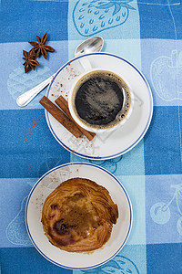 速快咖啡和鸡蛋奶果糕饼糖果美食织物快报早餐甜点肉桂味道蓝色糕点图片