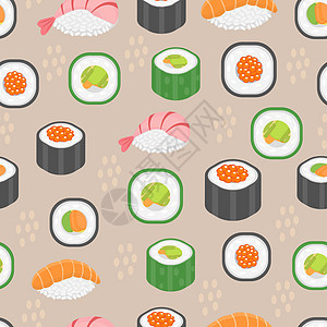 寿司集无缝模式 卷无尽的背景 日本料理重复纹理 背景壁纸 矢量图餐厅鱼片食物午餐卡通片白色海鲜美食文化海藻图片