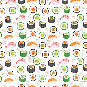寿司集无缝模式 卷无尽的背景 日本料理重复纹理 背景壁纸 矢量图食物午餐插图菜单海藻白色文化美食鱼片海鲜图片