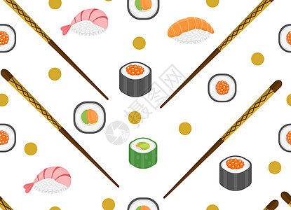 寿司集无缝模式 卷无尽的背景 日本料理重复纹理 背景壁纸 矢量图插图海藻食物鱼片餐厅菜单卡通片午餐白色美食图片