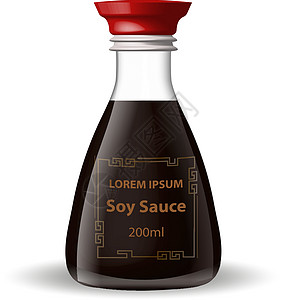玻璃瓶装酱油 3d 逼真的风格 亚洲美食 孤立在白色背景上 您的产品设计的模型 矢量图香料食物筷子黑色插图棕色餐厅烹饪空白液体图片