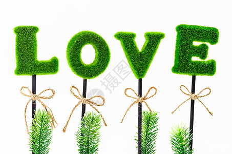 人工树上的爱的字母绿色婚礼卡片丝带绳索措辞图片