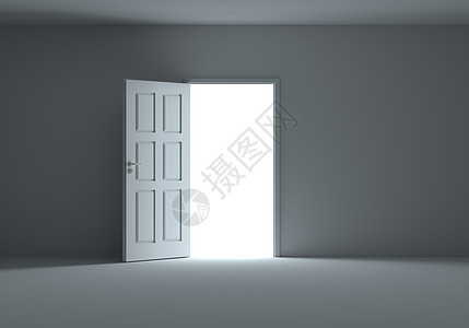 一扇敞开的门 光线流入黑暗的房间黑色入口概念房子白色希望3d出口灰色自由图片