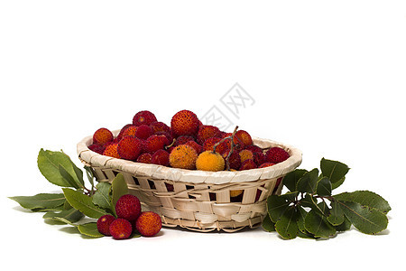 草莓树阿布托果工作室叶子树叶篮子黄色宏观水果红色柳条白色背景图片