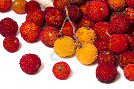 草莓树阿布托果杨梅工作室宏观水果黄色白色红色背景图片