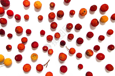 草莓树阿布托果工作室杨梅白色宏观黄色水果红色背景图片