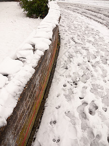 砖墙上的雪和有脚印的小径冬天图片