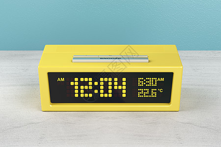 黄黄闹钟展示时间黄色木头桌子床头柜电子温度计唤醒图片