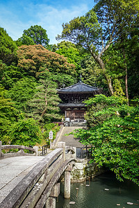 日本京都济仁寺庙花园池和桥 日本京都图片