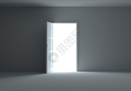 一扇敞开的门 光线流入黑暗的房间3d出口场景希望黑色自由白色想像力房子概念图片