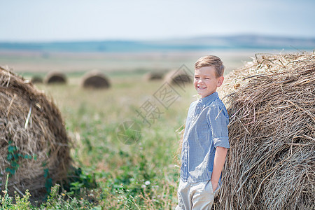 坐在干草堆上微笑的迷人男孩农场青年干草青少年草棚农村喜悦场地幸福阳光图片