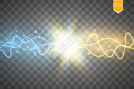 金色和蓝色光芒的两种力量碰撞 矢量图 冷热波光粼粼的力量 与放电的能量闪电辉光震惊速度耀斑爆破霹雳魔法活力螺栓射线图片