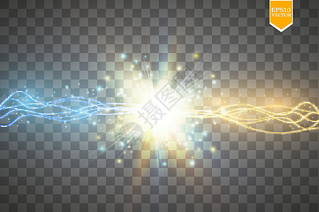 金色和蓝色光芒的两种力量碰撞 矢量图 冷热波光粼粼的力量 与放电的能量闪电运动爆破耀斑插图震惊火花霹雳射线活力螺栓图片