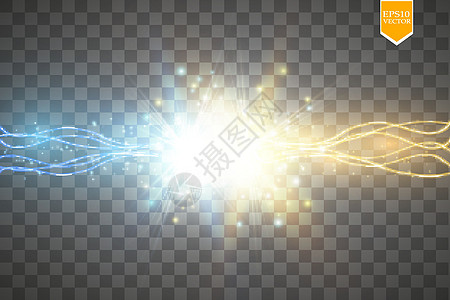 金色和蓝色光芒的两种力量碰撞 矢量图 冷热波光粼粼的力量 与放电的能量闪电活力辉光运动速度震惊霹雳粒子螺栓火花射线图片