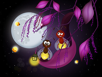 夜间的萤火插图分支机构月光夫妻树叶卡通片昆虫花朵图片