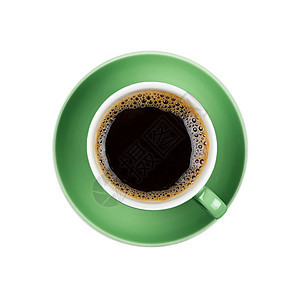 绿色杯子的全黑咖啡 特写隔离区飞碟黑色饮料泡沫状白色背景图片