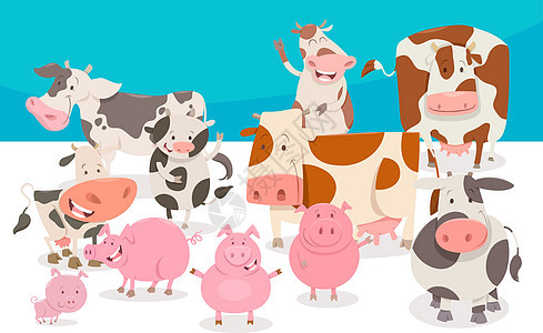 可爱的漫画农场动物角色组快乐国家微笑插图吉祥物卡通片友谊奶牛喇叭小牛图片
