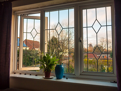 窗台植物卧室内花瓶中的双玻璃窗(双玻璃窗)背景