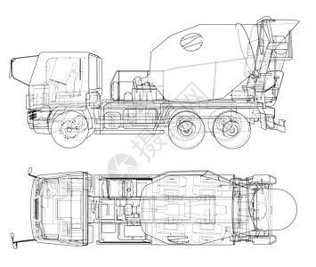 卡车搅拌机草图 韦克托汽车蓝图工业车辆技术建筑插图送货水泥货物图片