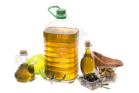 含橄榄油瓶的绿橄榄和黑橄榄白色瓶子烹饪蔬菜塑料玻璃质量金子食物产品图片