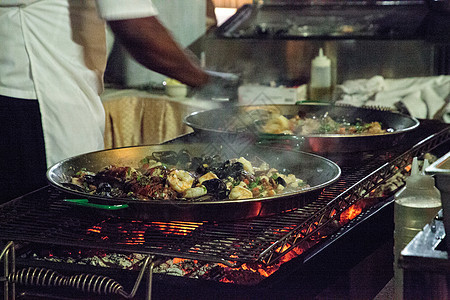 海食虾 扇贝 龙虾和肌肉厨房食物海鲜饭烹饪平底锅炒菜背景图片