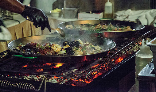 海食虾 扇贝 龙虾和肌肉平底锅食物海鲜饭厨房炒菜烹饪背景图片