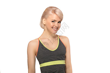 白色背景的合身妇女冒充训练工作室快乐女孩微笑运动装运动员有氧运动运动图片