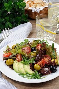 夏季沙拉     用鳄梨 橄榄 西红柿火箭午餐菜肴蔬菜时间糖尿病调味品肉汁盘子胡椒图片