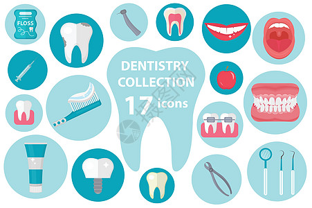 牙科图标集 平面样式 白色背景上孤立的口腔医学套件 牙科设计元素的集合 矢量插图 剪贴画图片