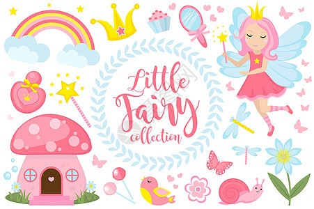 小仙女设置卡通风格 可爱而神秘的女孩系列 带有童话森林公主魔杖蘑菇屋彩虹镜子鸟类蝴蝶花朵 矢量图图片
