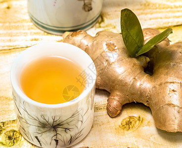 日本姜茶 清新有机物和茶杯背景图片
